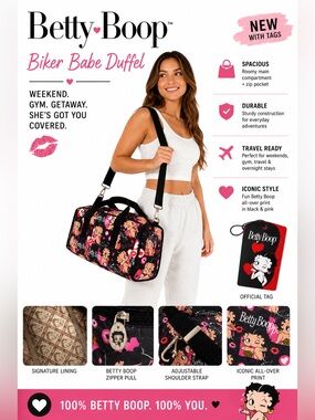 Betty Boop Bag Black Pink Biker Babe Shoulderbag duffle weekend bottom feet NWT